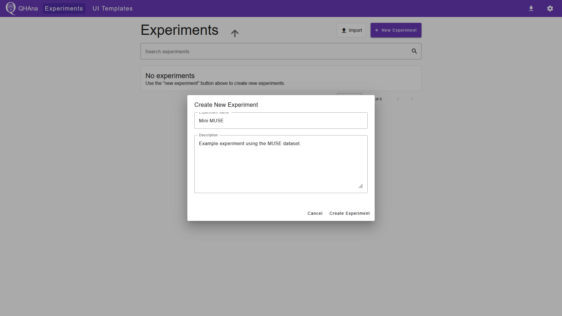 The experiment creation dialog.