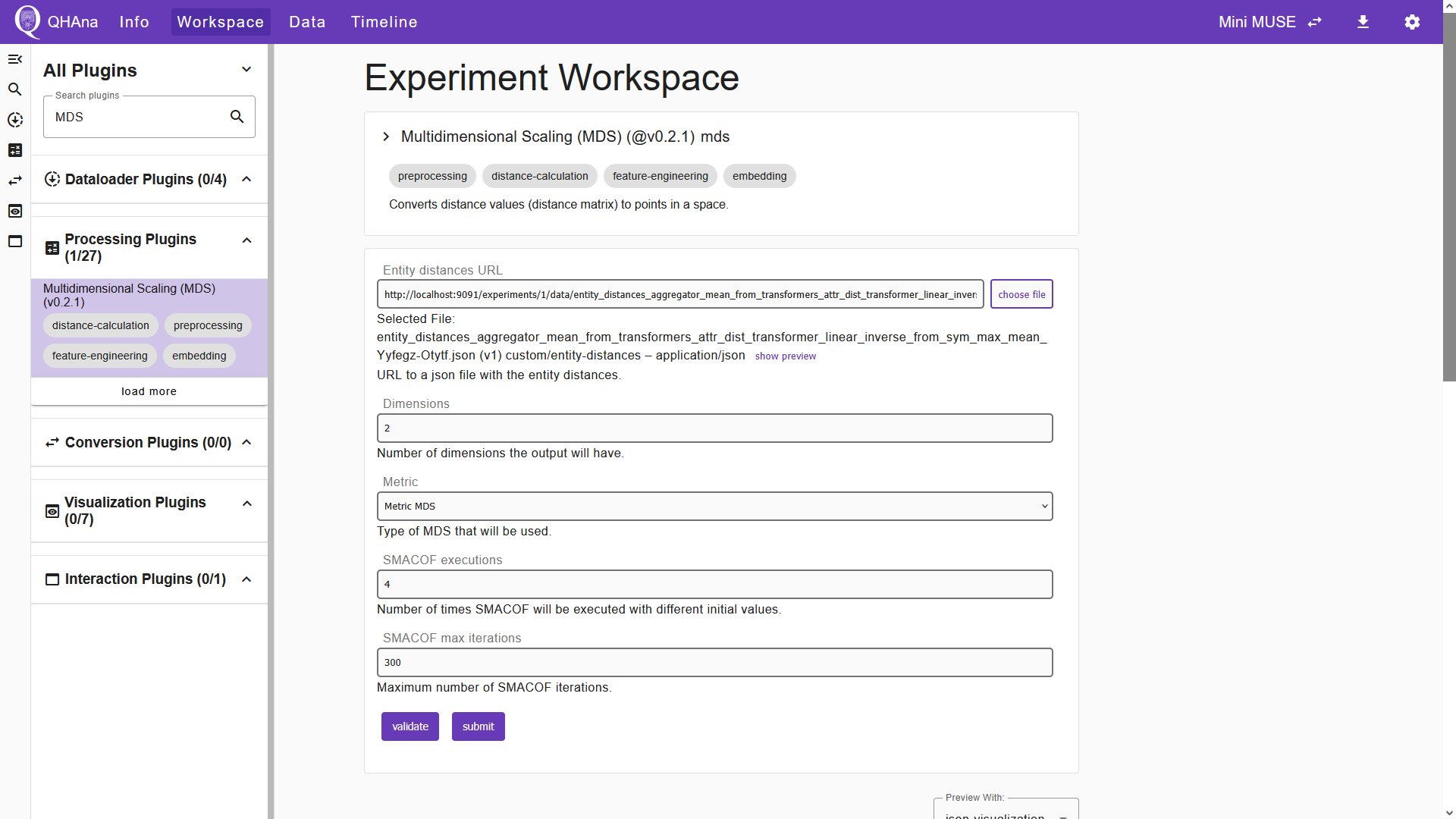 The filled in "Multidimensional Scaling (MDS)" plugin UI.