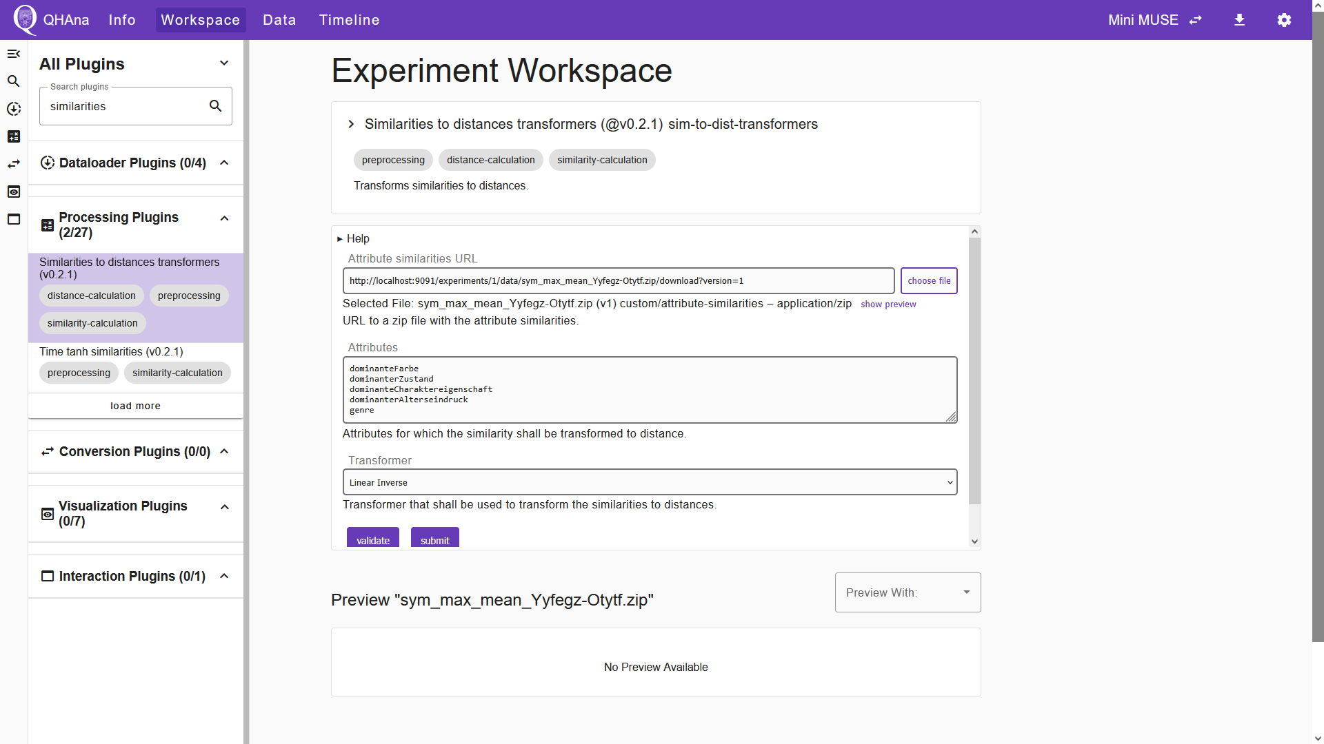 The filled in "Similarities to distances transformers" plugin UI.