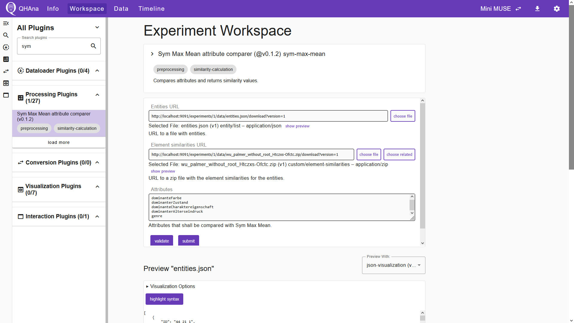 The filled in "Sym Max Mean attribute comparer" plugin UI.