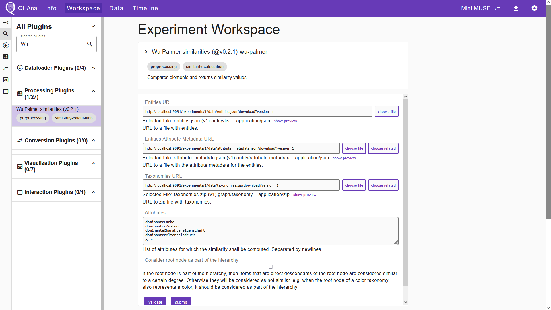 The filled in "Wu Palmer similarities" plugin UI.