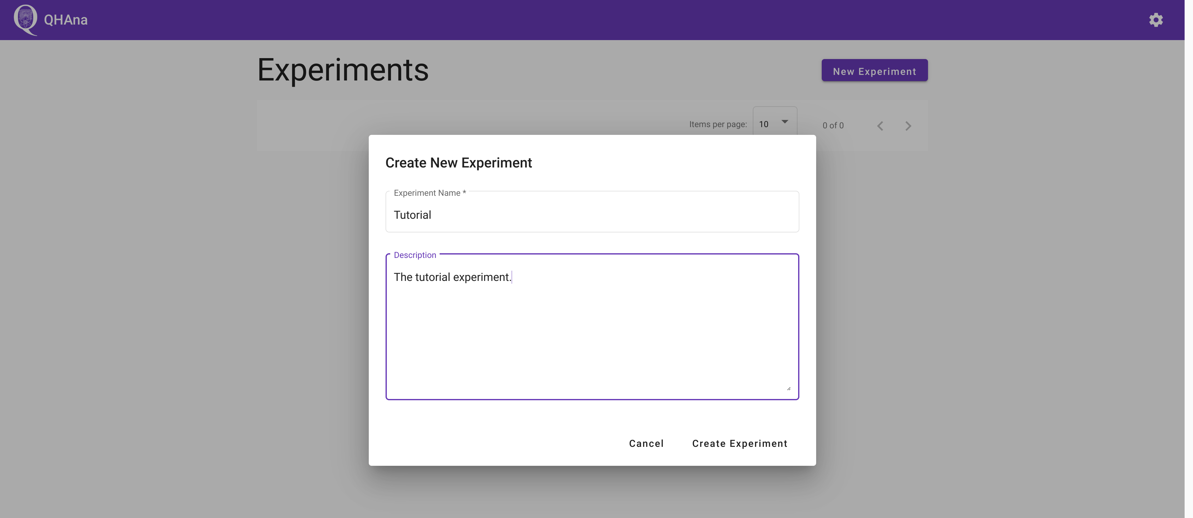 The "Create New Experiment dialog.