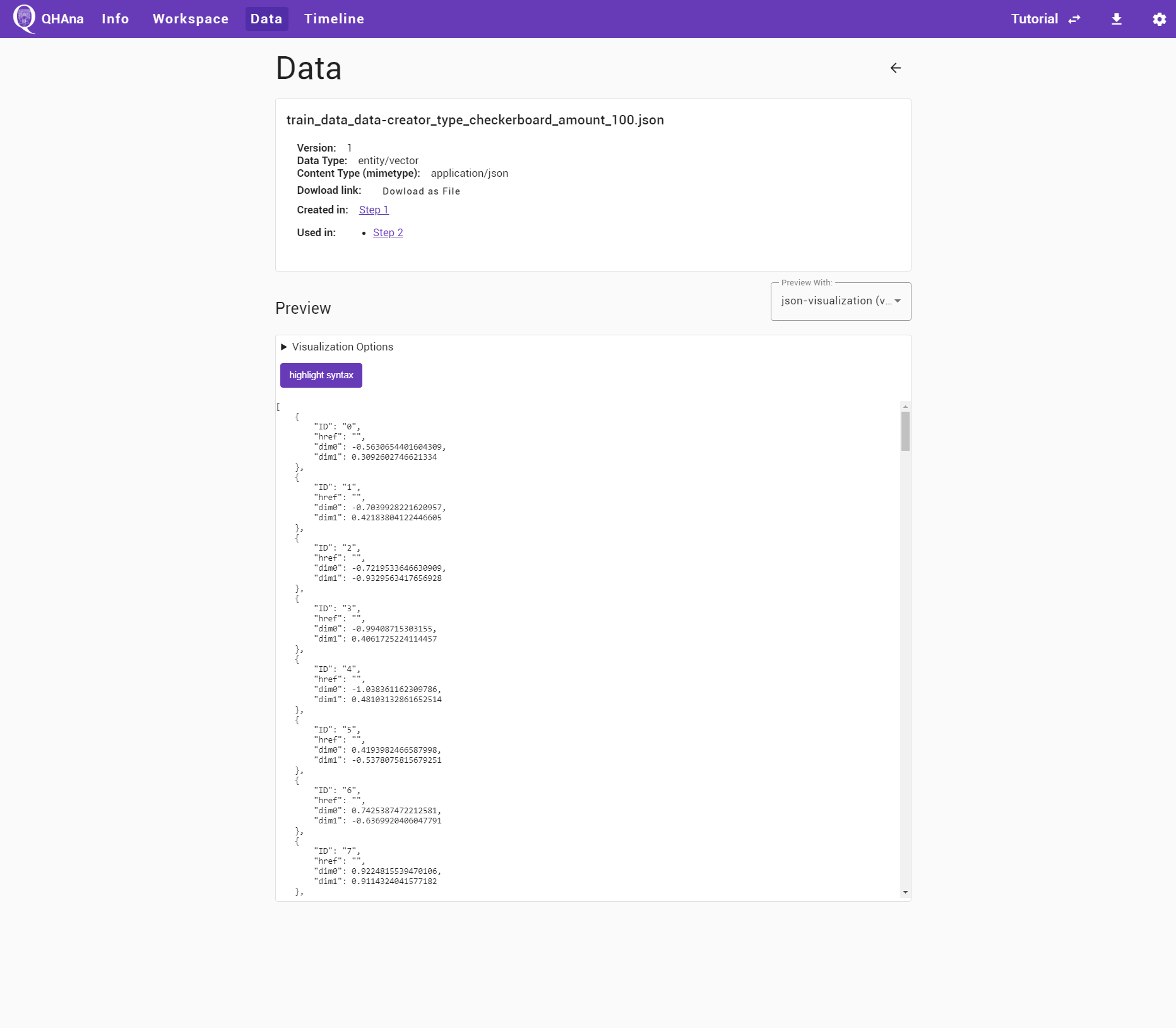 The details page of the produced data of the "Data Creation" plugin.