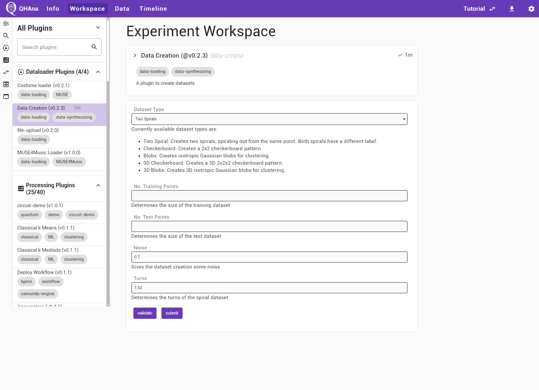 The experiment workspace with the "Data Creation" plugin selected.